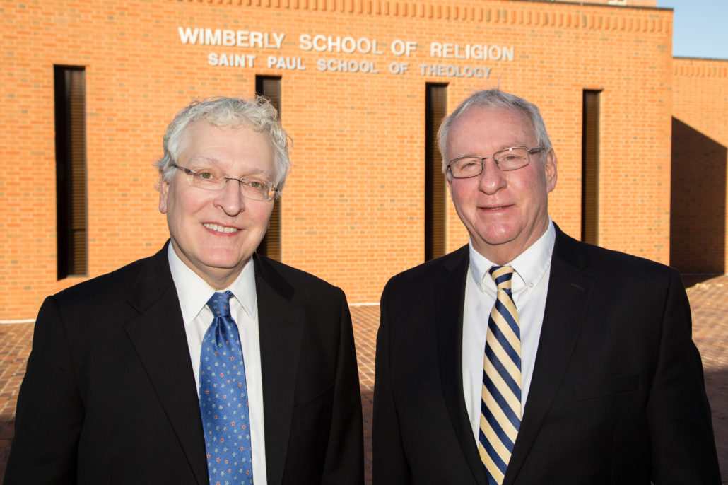 Oklahoma City University President Robert Henry and Rev. Neil Blair in front of Wimberly School of Religion building